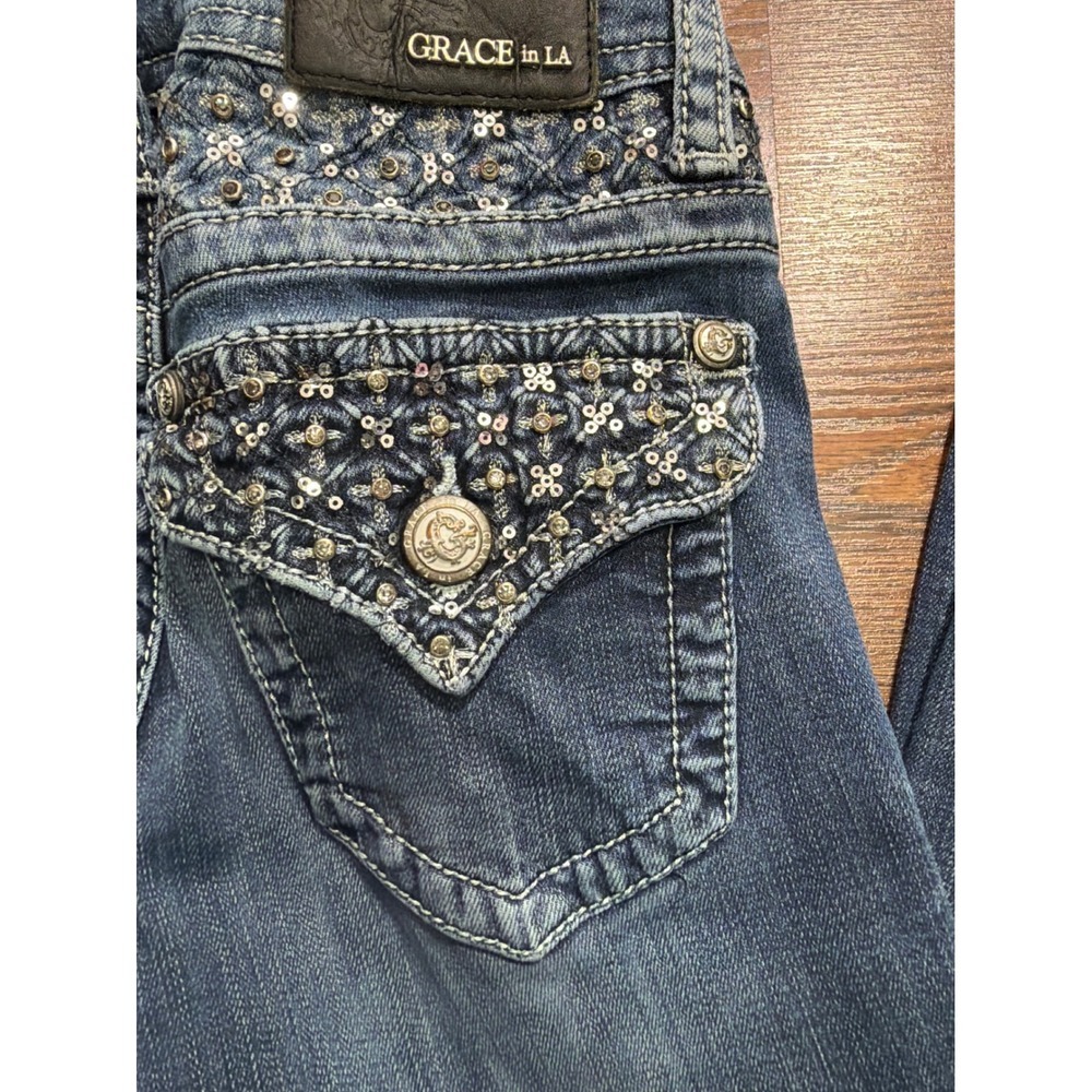 Grace in LA Womens Embellished Bootcut Jeans Dark Wash Sequin Flap Pocket Blue